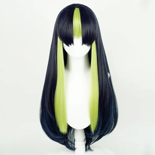 Vista 6 de Uniquebe Tighnari - Peluca de cosplay, pelucas largas y rectas de color azul marino oscuro mezclado con verde para niñas, mujeres y hombres