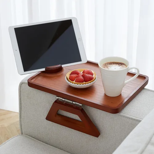 Vista 11 de Shamrock Home Mesa Bandeja de Bambú para Brazo de Sofá, Mesa Bandeja con Clip para Sofás. Bandeja de Brazo de Sofá para Cenas de TV, Controles