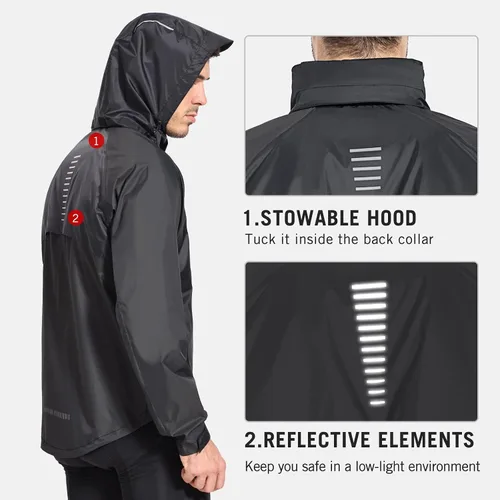 Vista 4 de BALEAF Chaqueta impermeable de ciclismo para hombre, ligera, para correr, golf, con bolsillos plegables