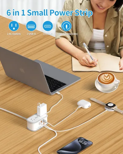 Vista 5 de BEVA Regleta de alimentación de viaje, regleta de enchufe plano con cable USB C retráctil, cable de extensión corto de 5 pies con 2 salidas de CA, 3