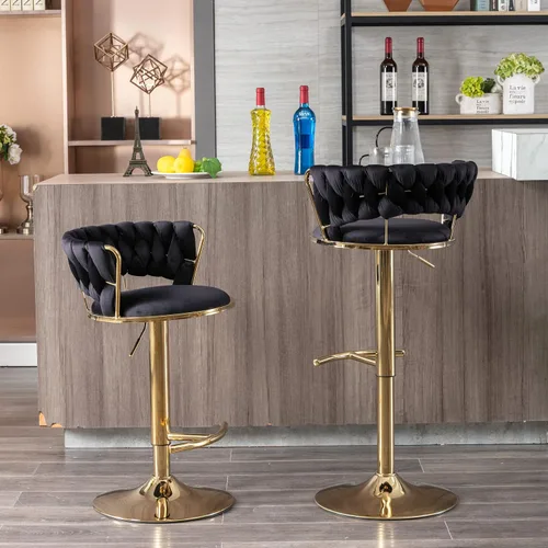 Vista 2 de Juego de 2 taburetes de bar de terciopelo giratorios con base de metal dorado, taburetes de bar modernos de altura de mostrador para cocina, pub