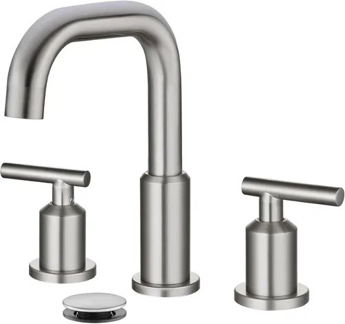 Vista 12 de gotonovo Grifo de lavabo de baño de 8 pulgadas, 3 agujeros, 2 asas, lavabo con drenaje desplegable con válvulas mezcladoras frías y calientes