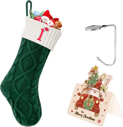 Vista 28 de Calcetines de Navidad con inicial A, 20 pulgadas, con iniciales bordadas para la familia, calcetín navideño tejido personalizado con monograma
