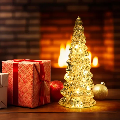 Vista 4 de Árbol de Navidad de vidrio decorativo con luz LED: 13.5" de alto, adorno de mesa de batería para las fiestas, decoración navideña de vidrio