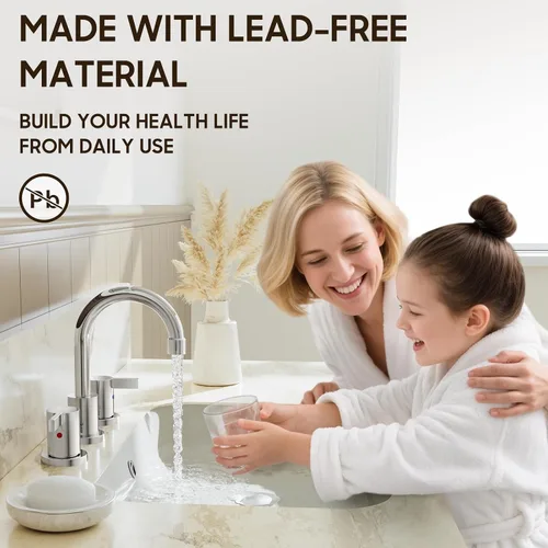 Vista 2 de Phiestina Grifo de baño cromado extendido de 8 pulgadas con 3 orificios, grifo de tocador de baño de 2 manijas con desagüe emergente de metal