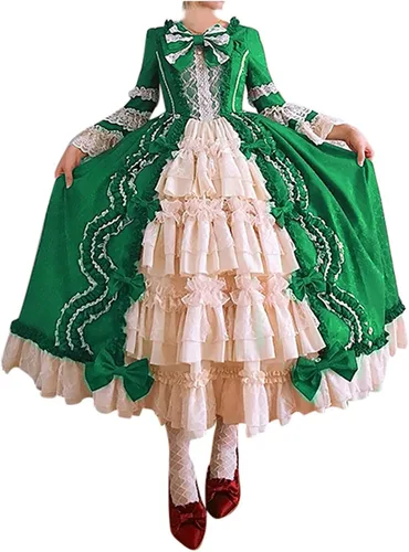 Vista 14 de SHOPESSA Vestido victoriano para mujer, vestido de lolita francesa, disfraz de princesa, vestido renacentista, manga acampanada, corte de cosplay