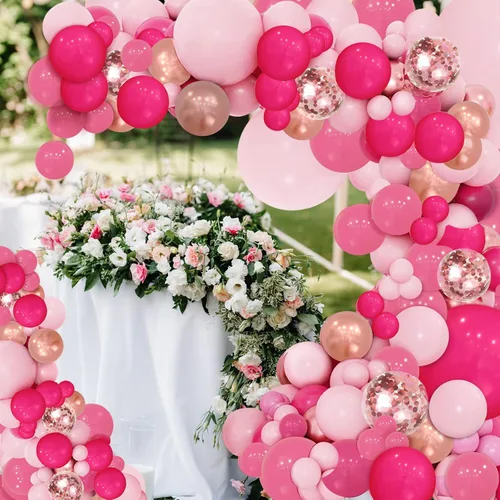 Vista 8 de PERPAOL 142 globos de color verde salvia y marrón y 143 globos rosa para bodas, fiestas, temática de princesa, cumpleaños, despedida de soltera