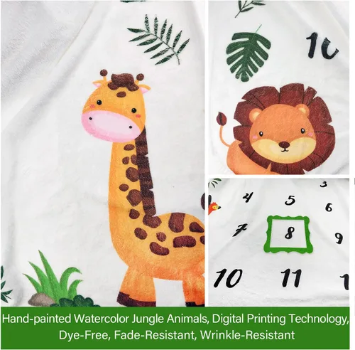 Vista 7 de Manta mensual de hito para bebé, diseño de animales de la selva, manta neutral para el mes del recién nacido, regalo personalizado para ducha