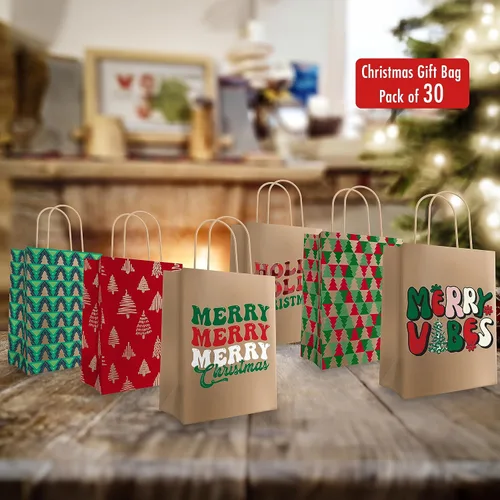 Vista 3 de EasyKart - Bolsas de regalo de papel kraft – 30 bolsas de regalos de Navidad, 6 diseños, regalos para el aula y fiestas (9 x 7.3 x 3.3 pulgadas)