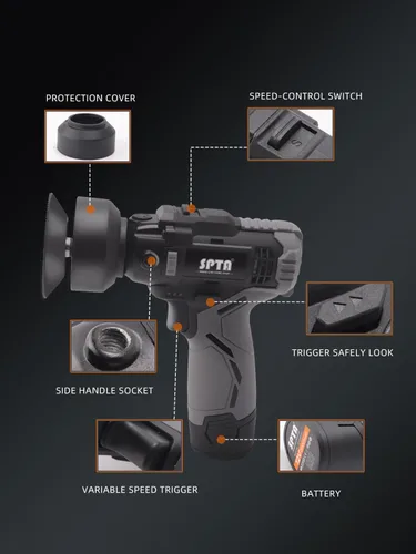 Vista 3 de SPTA 12V Kit de herramientas de pulido rotativo para auto inalámbrico, pulidora de doble acción con taladro inalámbrico, velocidad variable, batería