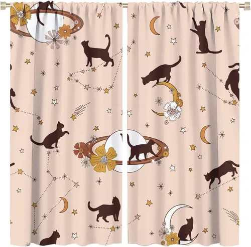 Vista 17 de Cortinas de estilo de mediados de siglo, diseño geométrico abstracto moderno, diseño retro, estampado de gato negro, para dormitorio, sala de estar
