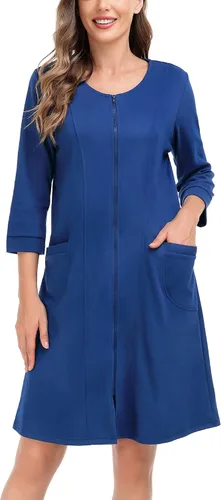 Vista 3 de SWOMOG Bata con cremallera para mujer, manga 34, suave algodón con cremallera frontal, camisón con bolsillos