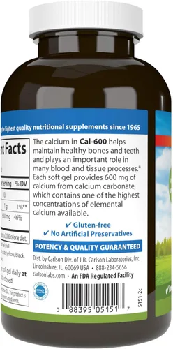 Vista 3 de Carlson - Cal-600, 600 mg de calcio, apoyo óseo, dientes sanos y bienestar óptimo, 100 cápsulas blandas
