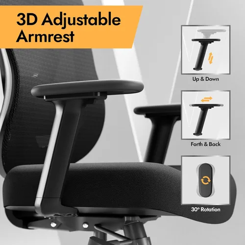 Vista 7 de HOLLUDLE Silla de oficina ergonómica de malla, soporte lumbar ajustable 3D y reposabrazos 3D, respaldo en forma de V, silla de escritorio ajustable