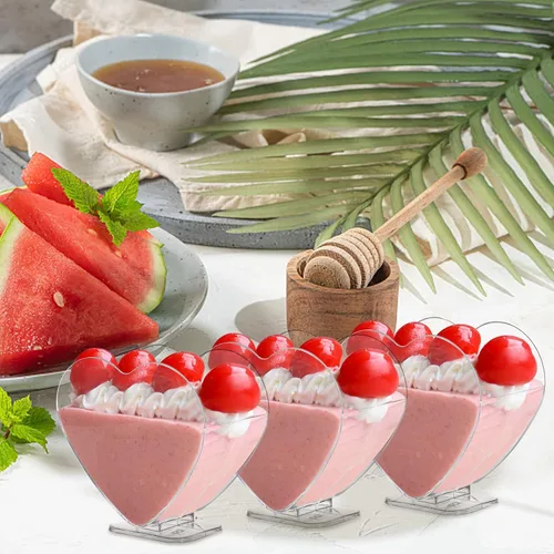 Vista 5 de Coloch Paquete de 100 mini tazas de postre en forma de corazón con cuchara para postre de 4 onzas/2.7 onzas líquidas, taza de aperitivo de plástico