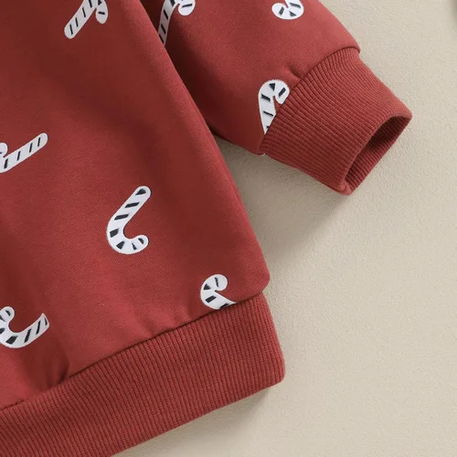 Vista 4 de Conjunto de sudadera de manga larga con estampado de bastón de caramelo para bebé, sudadera de manga larga, pantalones de cintura elástica