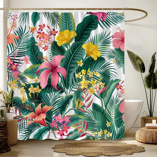 Vista 9 de Cortina de ducha con diseño floral de plantas tropicales, palmeras verdes, hojas de plátano, flores rosas, selva botánica, naturaleza, cortina