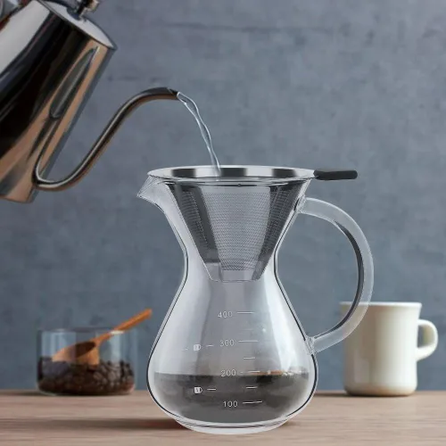 Vista 3 de Hakeeta Cafetera de 13.5 fl oz, cafetera de vidrio para verter con filtro permanente de acero inoxidable. Cafetera manual de gotero de café