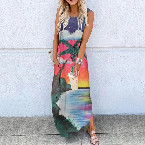Vista 2 de Ceboyel Vestido de verano floral de hoja de palma para mujer, bonito vestido largo sin mangas, vestidos hawaianos, ropa de vacaciones en la isla 2023