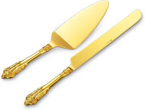 Vista 8 de KEAWELL Magnífico juego de cuchillos y servidor para pastel de boda, acero inoxidable 18/10, juego de corte de pastel de lujo fino (dorado)