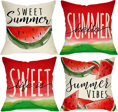 Vista 8 de Juego de 4 fundas de almohada decorativas de primavera y verano de fresa de 16 x 16 pulgadas, decoración de fundas de cojín de fruta roja dulce