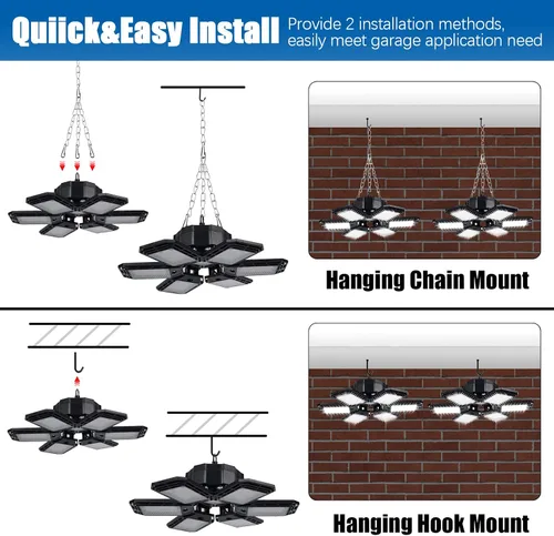 Vista 4 de Aoretic Paquete de 2 bombillas LED de garaje, enchufables conectables, 180 W, 18000 LM 6500 K, luz LED de taller 6+1 paneles deformables, luz