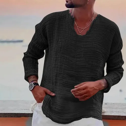 Vista 2 de Hombre Manga Larga Jersey Camisa Sólido V-Cuello Barbecho Camiseta Moda Fruncido Camisetas Blusa Suelta Novedad Tops