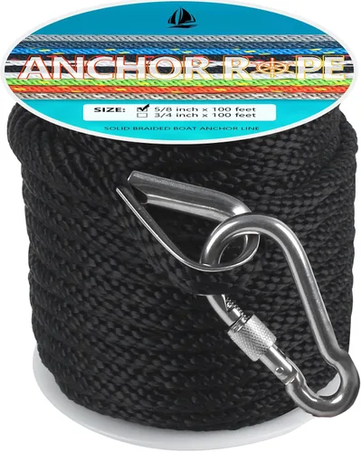 Vista 45 de Cuerda de anclaje de 1/2 pulgada y 50 pies, cuerda de anclaje para barco, trenza sólida MFP, línea de anclaje con dedal de acero inoxidable 316