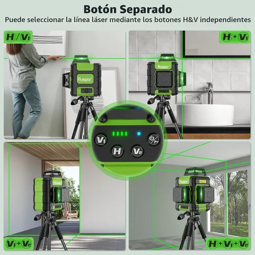 Vista 3 de Huepar Nivel láser 360 autonivelante, nivelador láser de línea cruzada verde recargable 3x360°, herramienta láser de nivel 3D para construcción