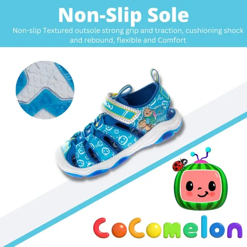 Vista 4 de JOSMO Zapatos Cocomelon para niños y niñas, sandalias de pescador con puntera cerrada, JJ para niños, correa de playa, sandalias al aire libre