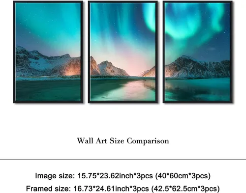 Vista 8 de DEKWINN Arte de pared enmarcado grande con estrellas y luces polares, arte de pared de paisaje nocturno de invierno con aurora, impresiones modernas