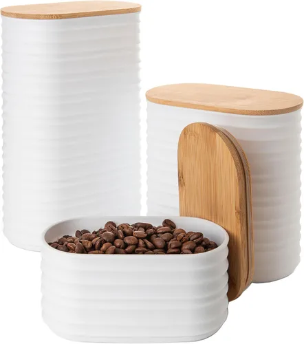 Vista 10 de Mixpresso Juego de recipientes negros para la cocina – Juego de recipientes herméticos de plástico para azúcar de 3 piezas con tapas de bambú