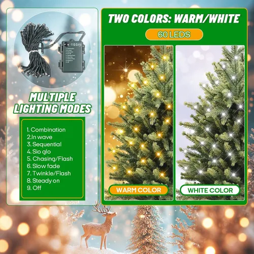 Vista 4 de Mini árbol de Navidad de mesa preiluminado de 2 pies con 60 LED Abeto nórdico artificial, 75 puntas de ramas de polietileno, funciona con pilas Luz