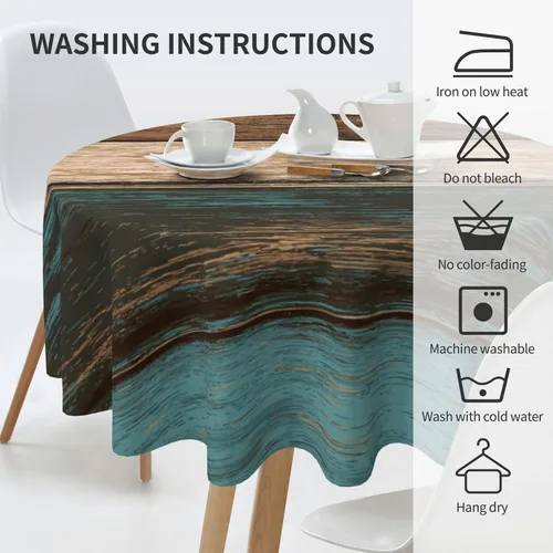 Vista 4 de Mantel rústico de madera para mesa redonda de estilo campestre, mantel de cocina y comedor turquesa, lavable, para decoración, 60x90 pulgadas