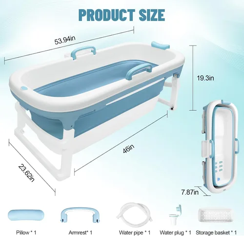 Vista 7 de 54" Portable Bathtub for Adults, Foldable Bathtub with Dual Drain