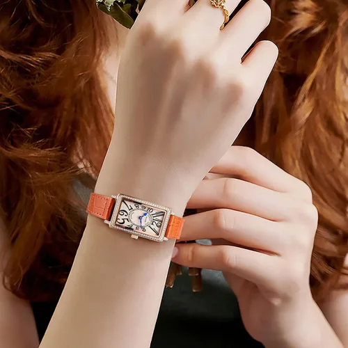 Vista 6 de Reloj rectangular de oro rosa para mujer con bisel de piedra blanca y esfera naranja, marcadores numéricos irregulares de hora, reloj de pulsera