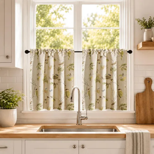 Vista 46 de Leeva Cortinas rústicas de cocina con estampado floral verde mezclado de lino para media ventana, para comedor, bolsillo para barra, cafetería