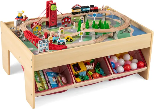 Vista 13 de HONEY JOY Mesa de tren, mesa de actividades de madera para niños con cajón de almacenamiento, 100 piezas multicolores, pistas, trenes, autos, juego