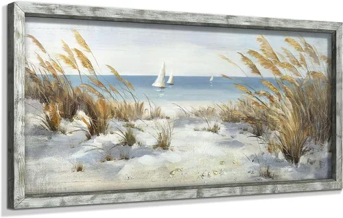 Vista 11 de Pintura enmarcada de playa para decoración de pared: arte abstracto de la pared del océano, pintura al óleo costera, gaviotas, imagen impresa