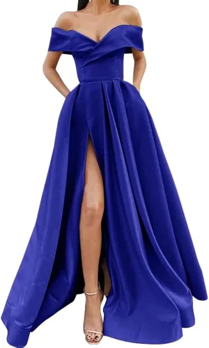 Vista 6 de SoDigne Vestidos de graduación con hombros descubiertos y abertura larga para mujer, vestido de fiesta de noche formal de satén con bolsillos