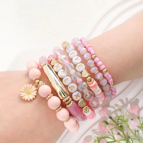 Vista 2 de Bohemian Colorful Beaded Bracelets for Women Boho Stackable Natural Stone Letter Clay Glass Beads Stretch Bracelet Set with Charm, Cute Rainbow