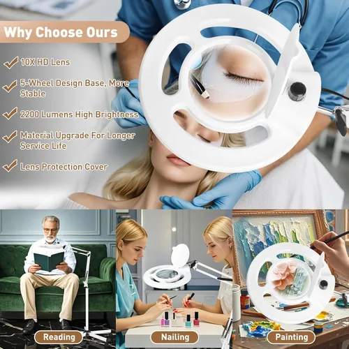 Vista 7 de HITTI 10X - Lupa esteticista de luz, color blanco 2200 lúmenes, regulable continuo, base rodante de 5 ruedas, lámpara Mag iluminada con LED
