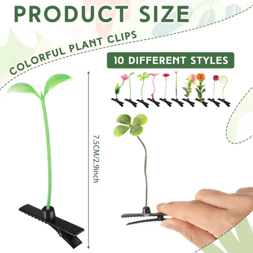 Vista 2 de Tigeen - 100 piezas de pinzas para el cabello con diseño de brotes de judías, divertidas horquillas de plantas, flores de césped, mariposas, hongos