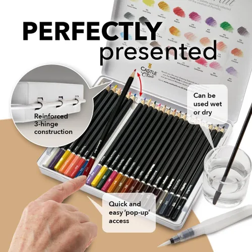 Vista 2 de Castle Art Supplies Juego de lápices de acuarela con temática de "Retratos", 24 colores vibrantes seleccionados, dibuja y pinta al mismo tiempo