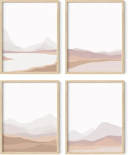 Vista 30 de HAUS AND HUES Arte de pared de montaña – Juego de 4 decoración de paisaje moderno de mediados de siglo, naturaleza y arte moderno Marco beige de 8
