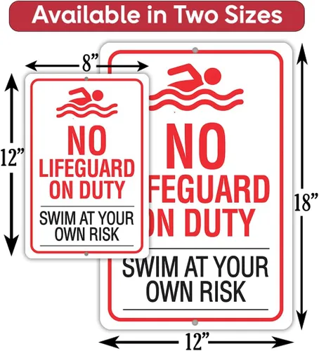 Vista 5 de Letrero de metal con texto en inglés «No Lifeguard on Duty, Swim At Your Own Risk– Uso en interiores y exteriores – Aviso de seguridad en el agua
