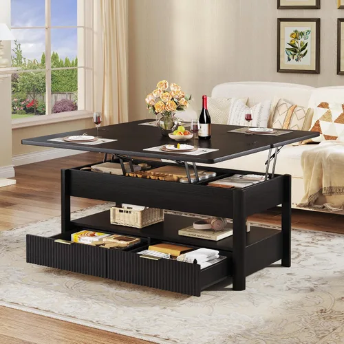 Vista 2 de HUAHUU Mesa de centro elevable de 40 pulgadas con almacenamiento, mesa de centro cuadrada 4 en 1 con compartimento oculto y estante abierto y 2