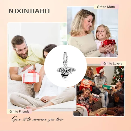 Vista 6 de NJXINJIABO Abalorio de plata de ley 925 para pulseras y collares, lindos animales, cerdo, mariposa, gusano brillante, flor, colgante, joyería