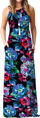 Vista 45 de DEARCASE Vestido largo de verano sin mangas para mujer, con bolsillos E10-floral Negro Azul