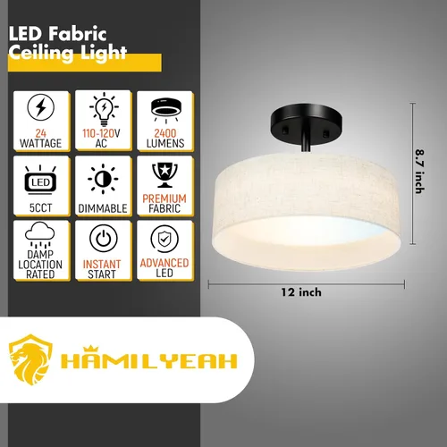 Vista 2 de Hamilyeah Lámpara de techo semiempotrada con pantalla de tela blanca, lámparas LED de 12 pulgadas para montaje en techo, lámpara de techo LED